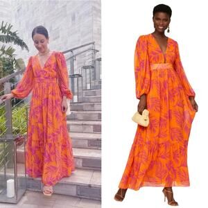 TOCCIN V Neck Long Sleeve Georgette Palm Print Maxi Dress